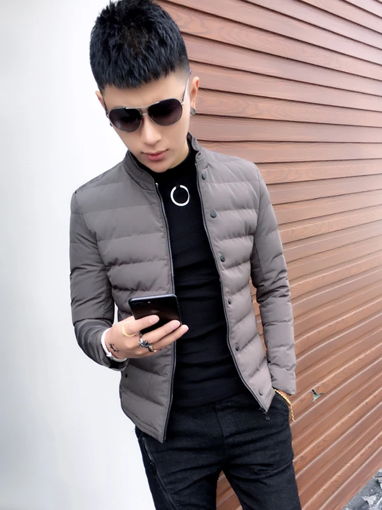 

Мужская приталенная хлопковая куртка для молодежи, модная, с воротником-стойкой, зимнее пальто, теплое, из полиэфирного волокна, повседневный городской стиль