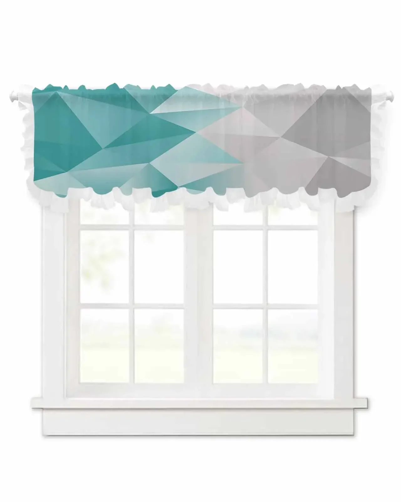 Abstract Gradient Blue Gray Triangle Short Tulle Half Curtains for Living Room Kitchen Door Cafe Window Sheer Valance Drapes