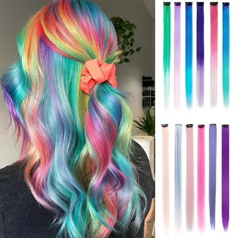 6 unids/pack de extensiones de cabello con Clip para fiesta de colores para niñas, postizos sintéticos de pelo liso multicolor de 22 pulgadas