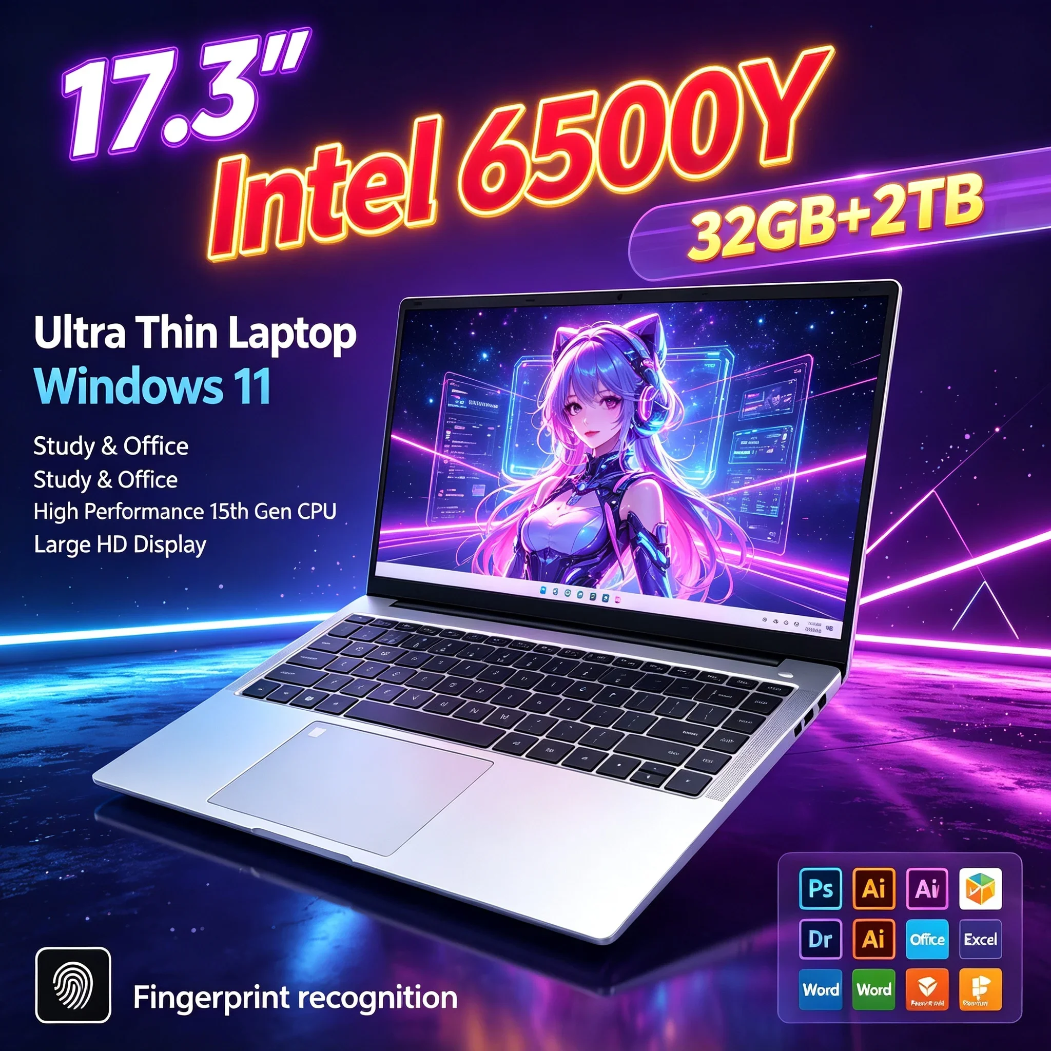 Intel 6500Y Portable 17.3'' HD Laptop 32GB RAM 1TB/2TB SSD Windows 11 WiFi 6 BT5.2 Business Notebook For Home Office Daily Work