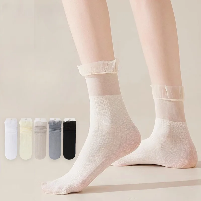 Women's Cute Ruffle Ankle Socks Breathable Ultra Thin Sheer Mesh Lace Silk Elastic Short Socks Cute Sweet Girlish Preppy Style
