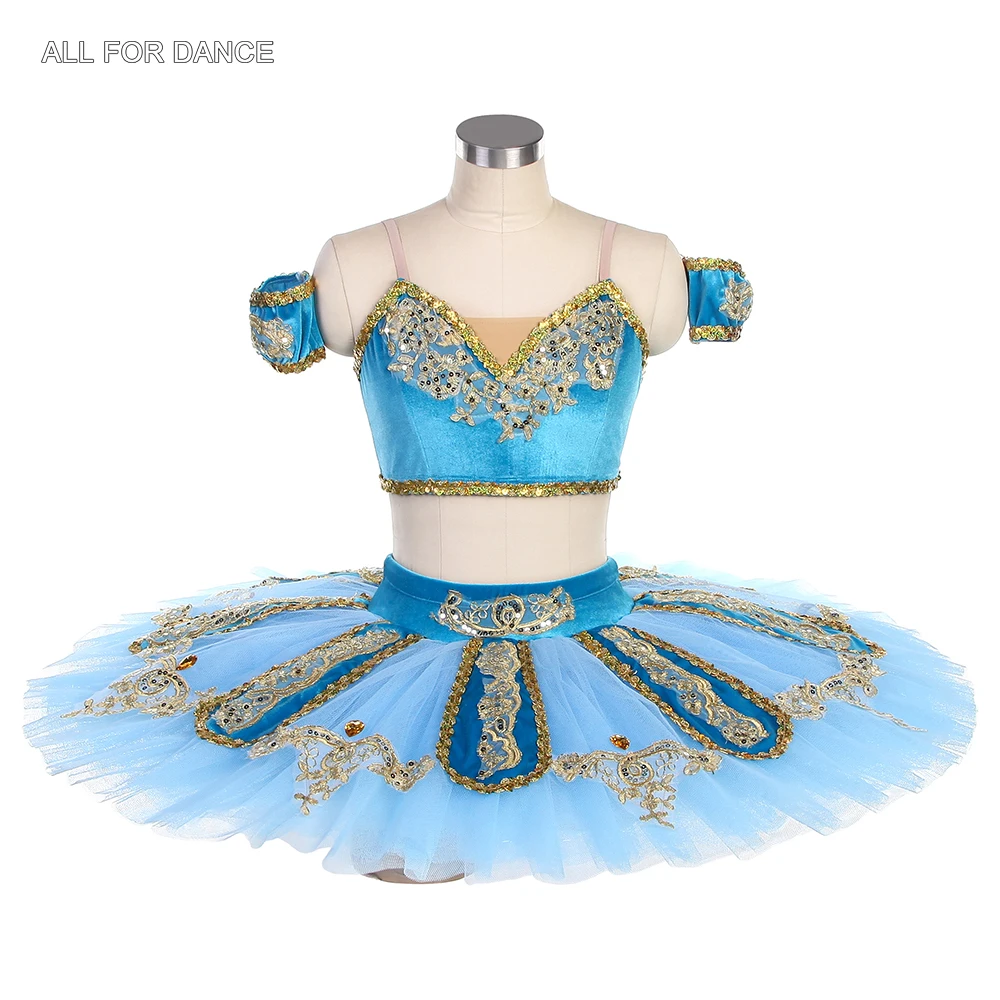 BLL479 Blue Velvet Bra Top with Seperated Pancake Tutu Skirt  Pre-Professional Ballet Dance Tutu Costume for Gilrs & Adult