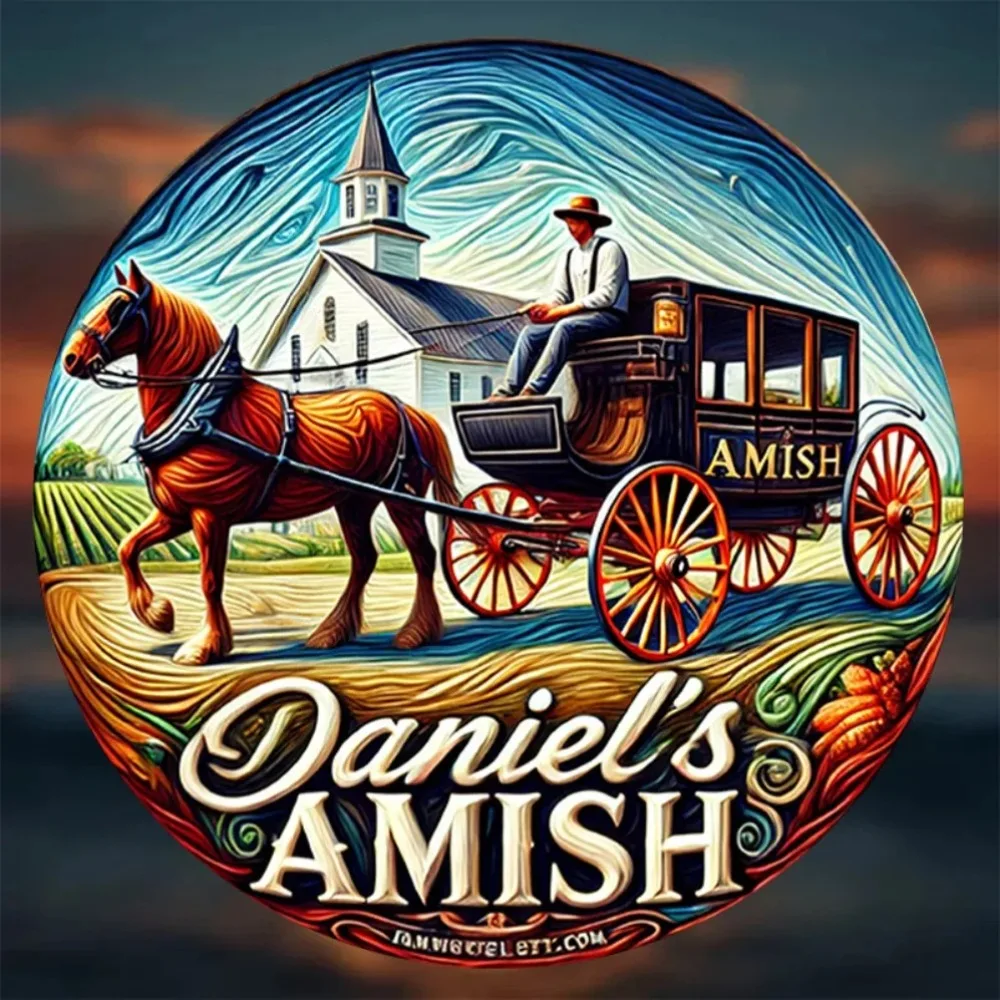 Daniel's Vintage Amish Carriage Round Metal Sign - Amish Landscape Wall Art for Home Bar Cafe Club Dorm Decor