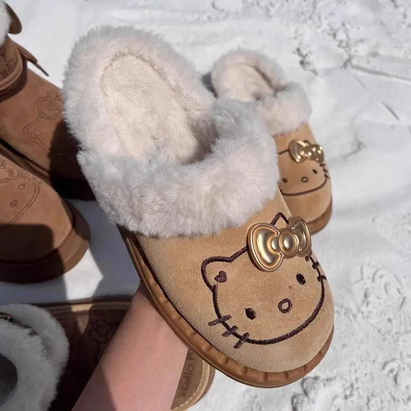 Anime Hello Kittys süße warme Plüsch-Hausschuhe, Kawaii, Herbst und Winter, bequeme Schuhe mit weichen Sohlen, halb gezogene Baumwollschuhe, Geschenk