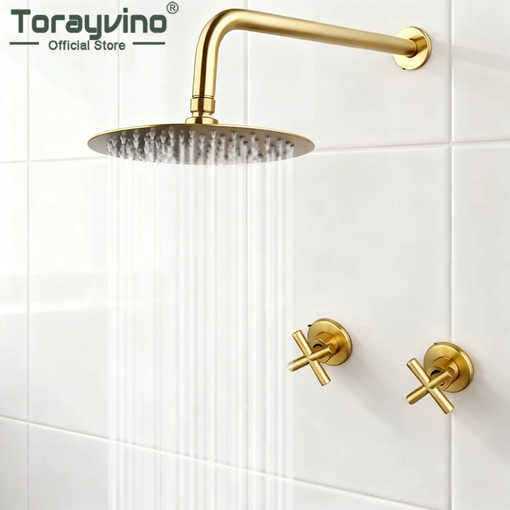 

Torayvino Brushed Gold Bathroom Shower Faucet Solid Brass Handle Mixer Bathtub Rainfall Hand Shower Systerm Sprayer Faucet Set