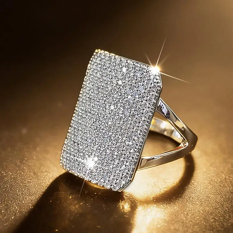 Huitan Funkelnder geometrischer Ring für Damen, voller brillanter Zirkonia, modisches Hochzeits- und Party-Zubehör, eleganter Luxusschmuck – Detail 4