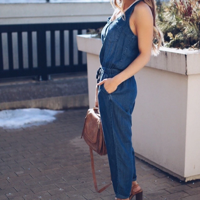 Sleeveless Denim Rompers Women\'s Jumpsuit  Autumn Spring Casual One Piece Overalls Streetwear Jeans