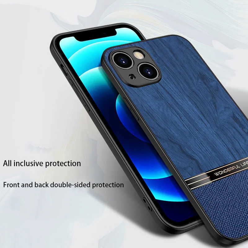 Luxury Plain Leather Wood Grain Phone Case For iPhone 15 14 Plus 13 12 11 Pro Max XS 7 8 Acrylic Fine Hole Shockproof Back Cover