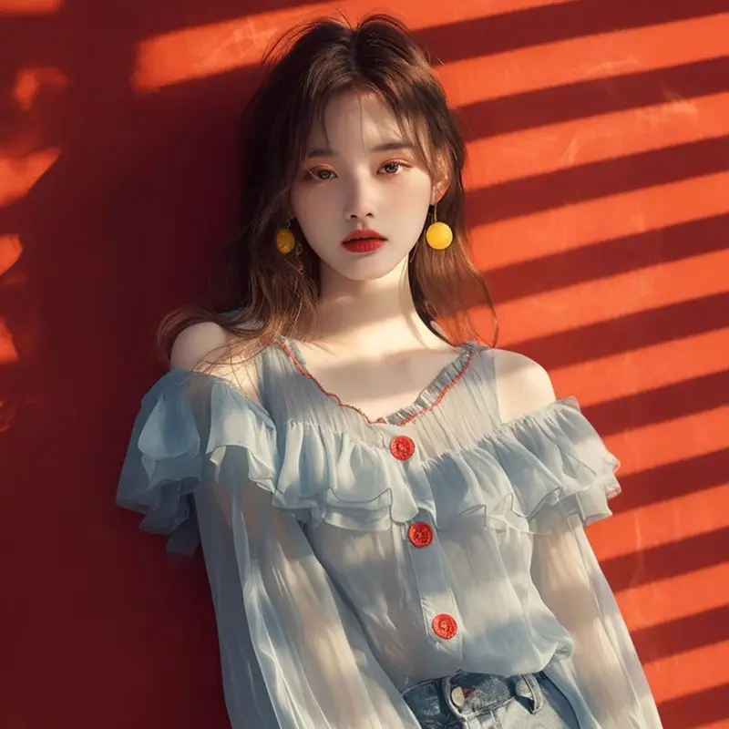 Elegantes Rüschen-Off-Shoulder-Shirt für Damen, lässige Chiffon-Bluse mit Puffärmeln, Frühlings- und Sommer-Top, Dongdaemun, hochwertige Kleidung – Detail 1