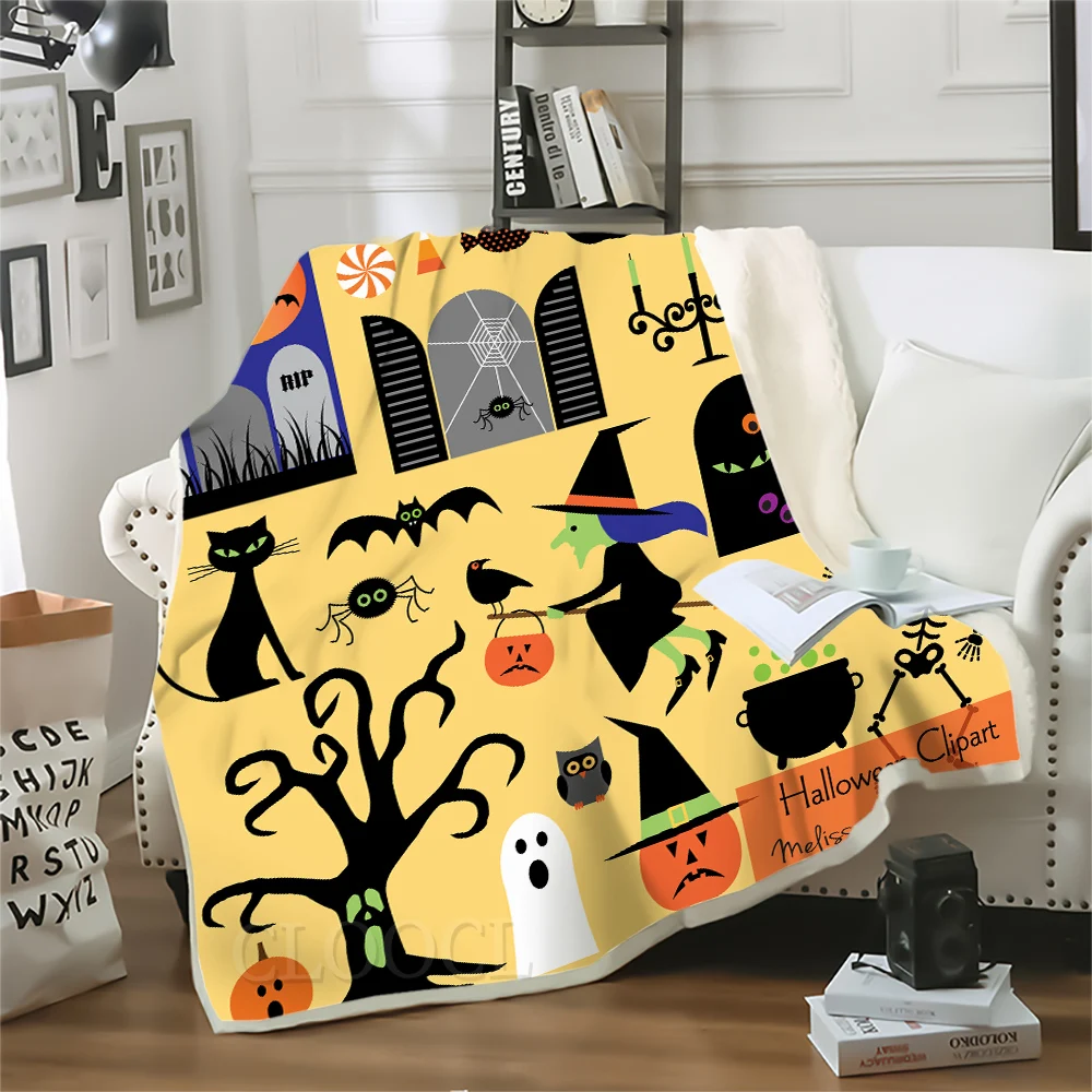 CLOOCL Halloween Blankets Napping Blanket Party Black Cat Tree Demon Witch Spider Magic Potion Ghost Print  Blankets Winter