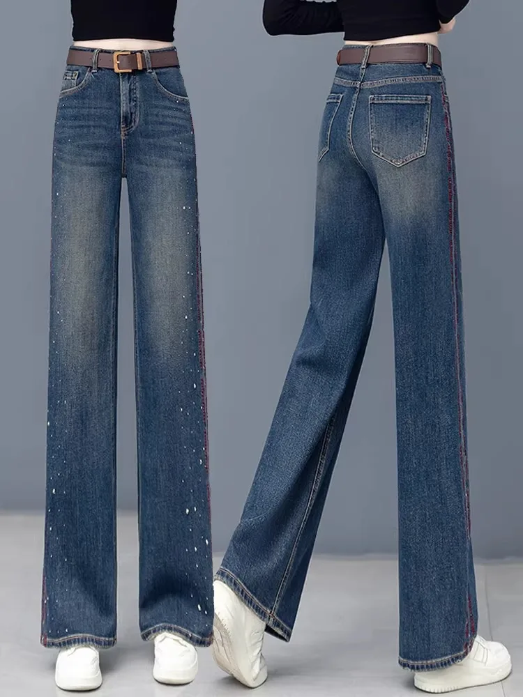 High Waist Embroidered Letter Wide Leg Jeans Loose Straight Slimming Effect Women's Spring Autumn New Style Denim Pants