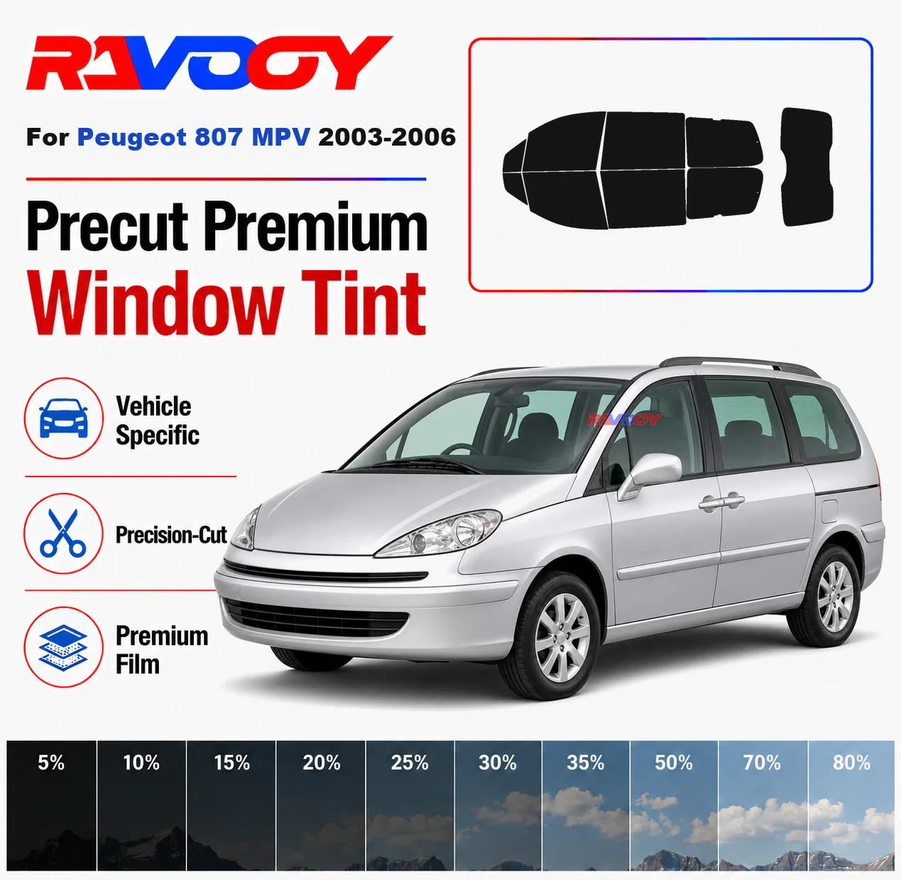 

Premium Precut Window Tint Kit Front Rear Windows Rear Windshield For Peugeot 807 MPV 2003-2006 Complete Set Nano Ceramic Film