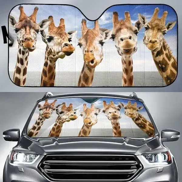 Funny Giraffe Team Blue Sky Summer Car Sunshade, Giraffe Auto Sunshade for Car Decor, Giraffe Family Car Window Sun Cover