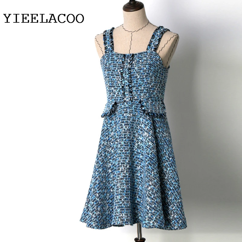 

Blue tweed dress plaid autumn and winter women's bottom dress small fragrance wind lady dress