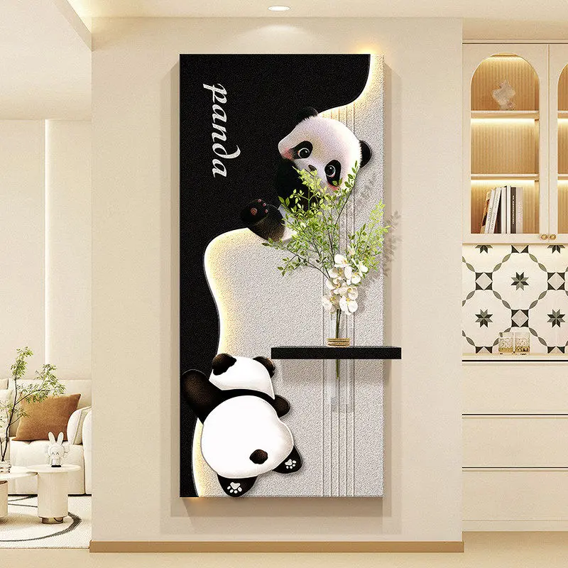 Cream style panda entrance decoration painting hydroponics green plants corridor hanging sandstone mural lights