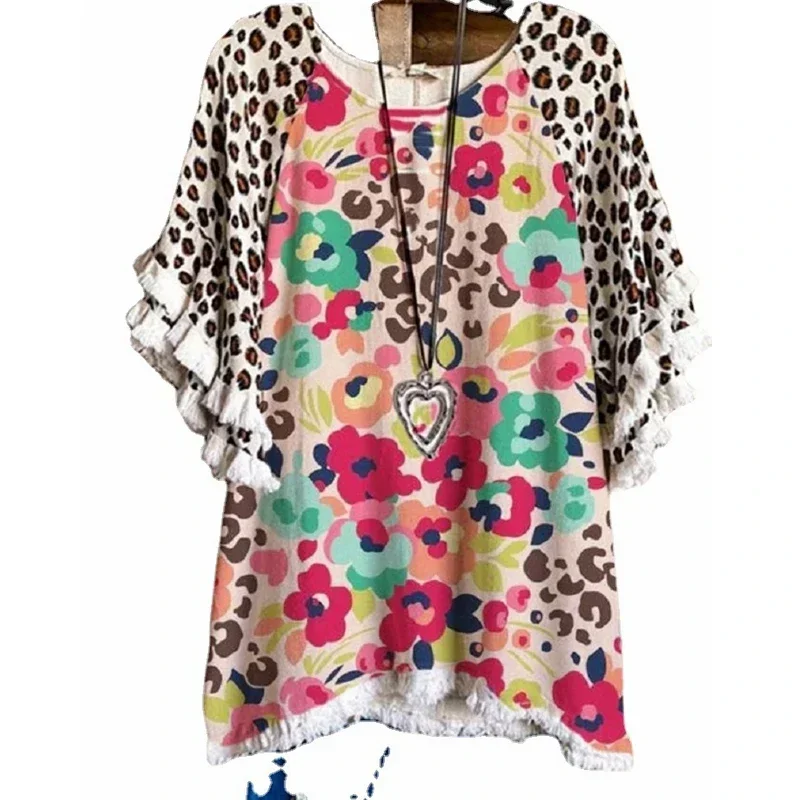 Women Leopard Tshirt Summer Fashion Ruffles Short Sleeve Top Round Neck Pullover Loose Tees for Woman Clothing