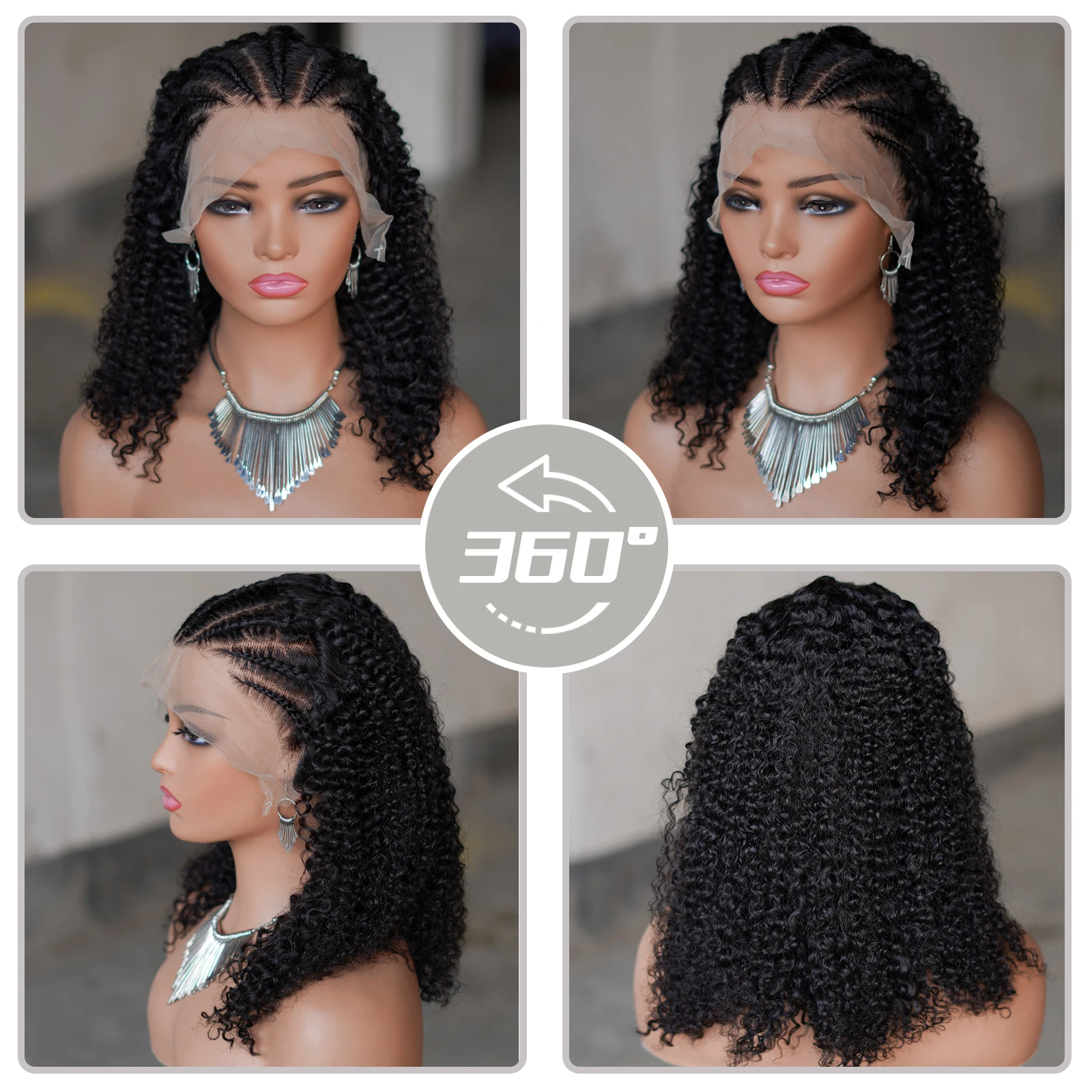 HD Transparent Lace Braided Wigs Remy Human Hair 16inches Black Kinky Curly Human Hair for Afro Women Curly Braiding Human Hair