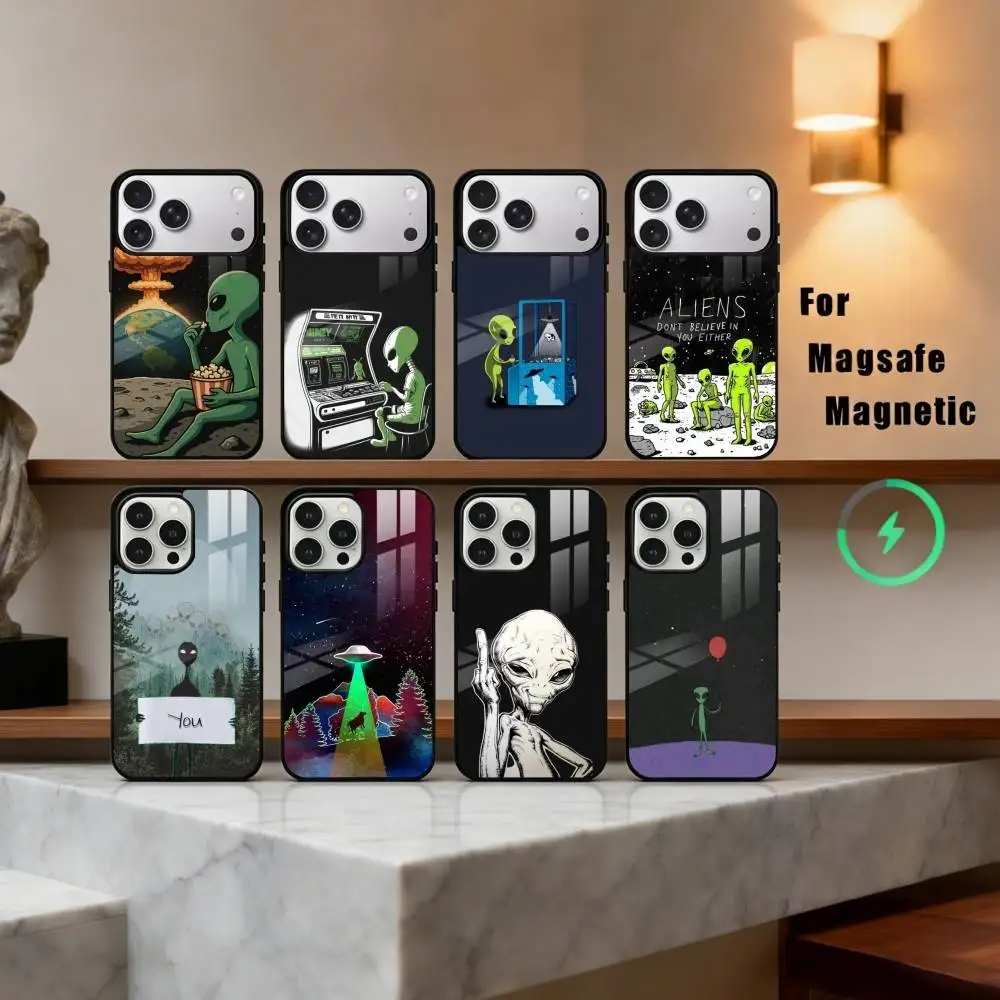 

Funny S-Space UFO A-Alien T-Thing Phone Case For iPhone17,16,15,14,13,12,11 Plus,Pro Max Magnetic For Magsafe Wireless Charging