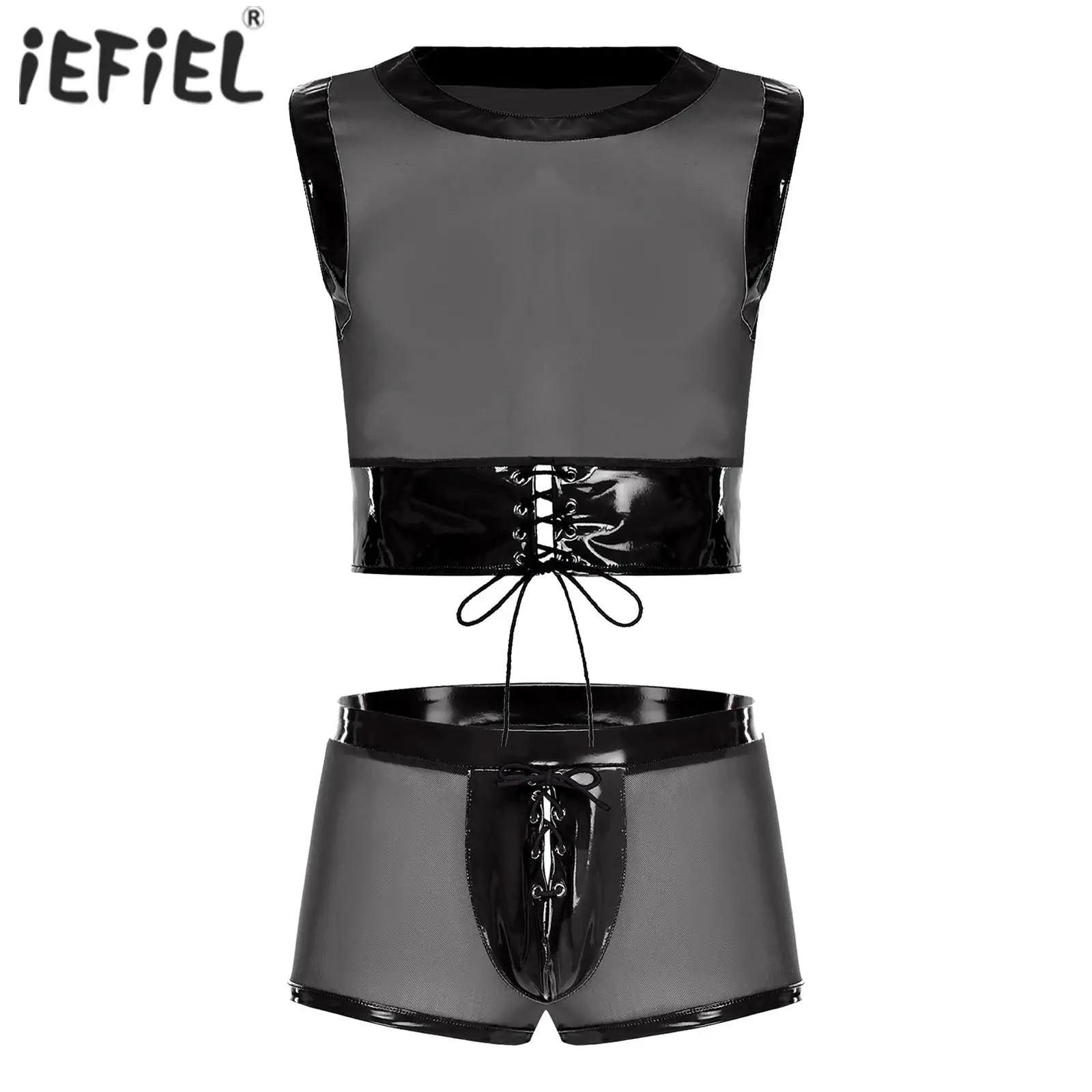 

Мужское нижнее белье из лакированной кожи, прозрачное сетчатое нижнее белье, топы на бретелях, трусы с выпуклым шаговым швом, шорты, комплект нижнего белья, рейв-наряд, клубная одежда