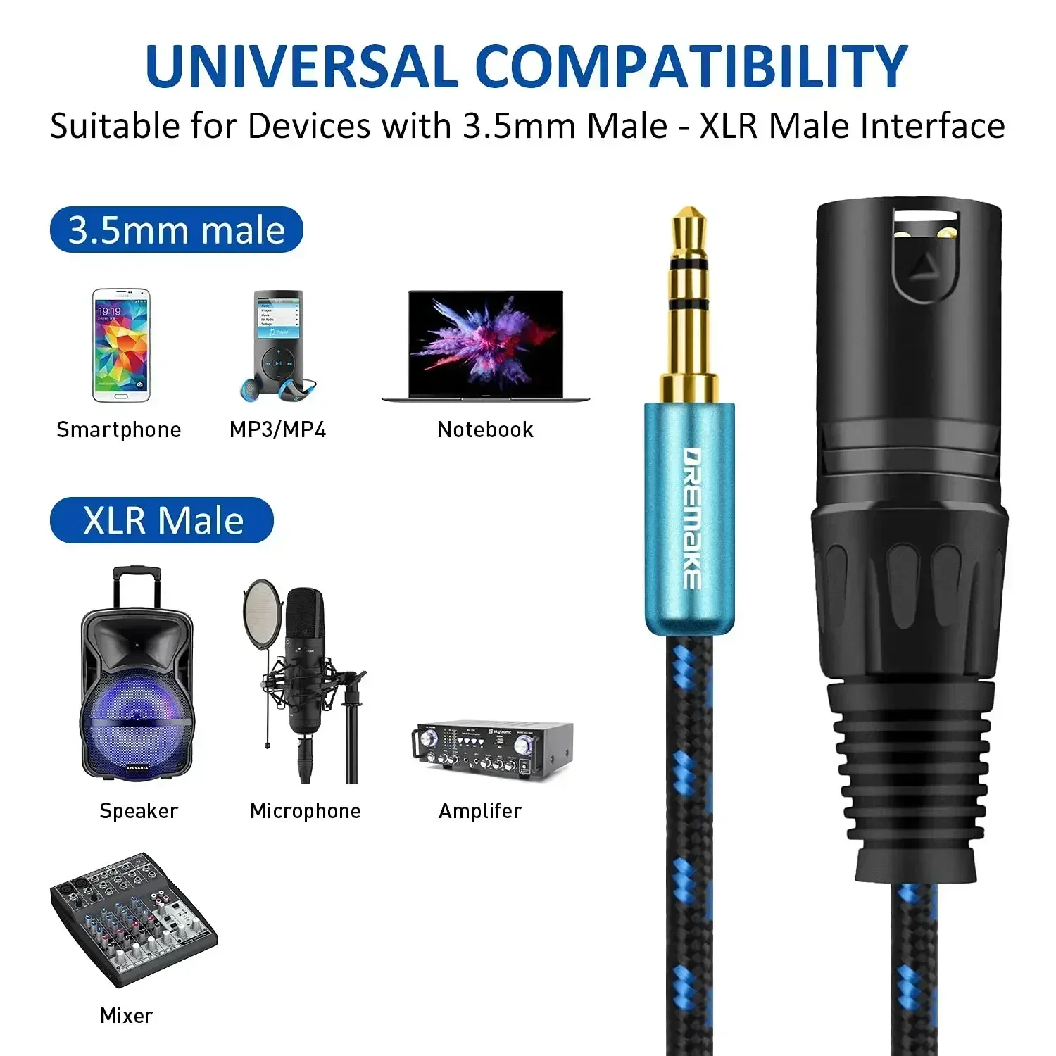 DREMAKE Aux 3.5mm Male to XLR 3-Pin Male Stereo Audio Cable XLR to 1/8\'\' Mini Jack Stereo Unbalanced Converter Cord for Speaker