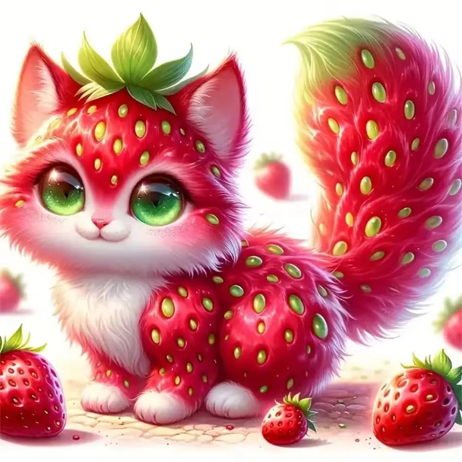 RUOPOTY Kit de Pintura de Diamantes de Gato Fresa, Arte de Pared DIY, Idea de Arte Animal, Kits de Pintura de Diamantes Redondos Completos, Arte de Pared