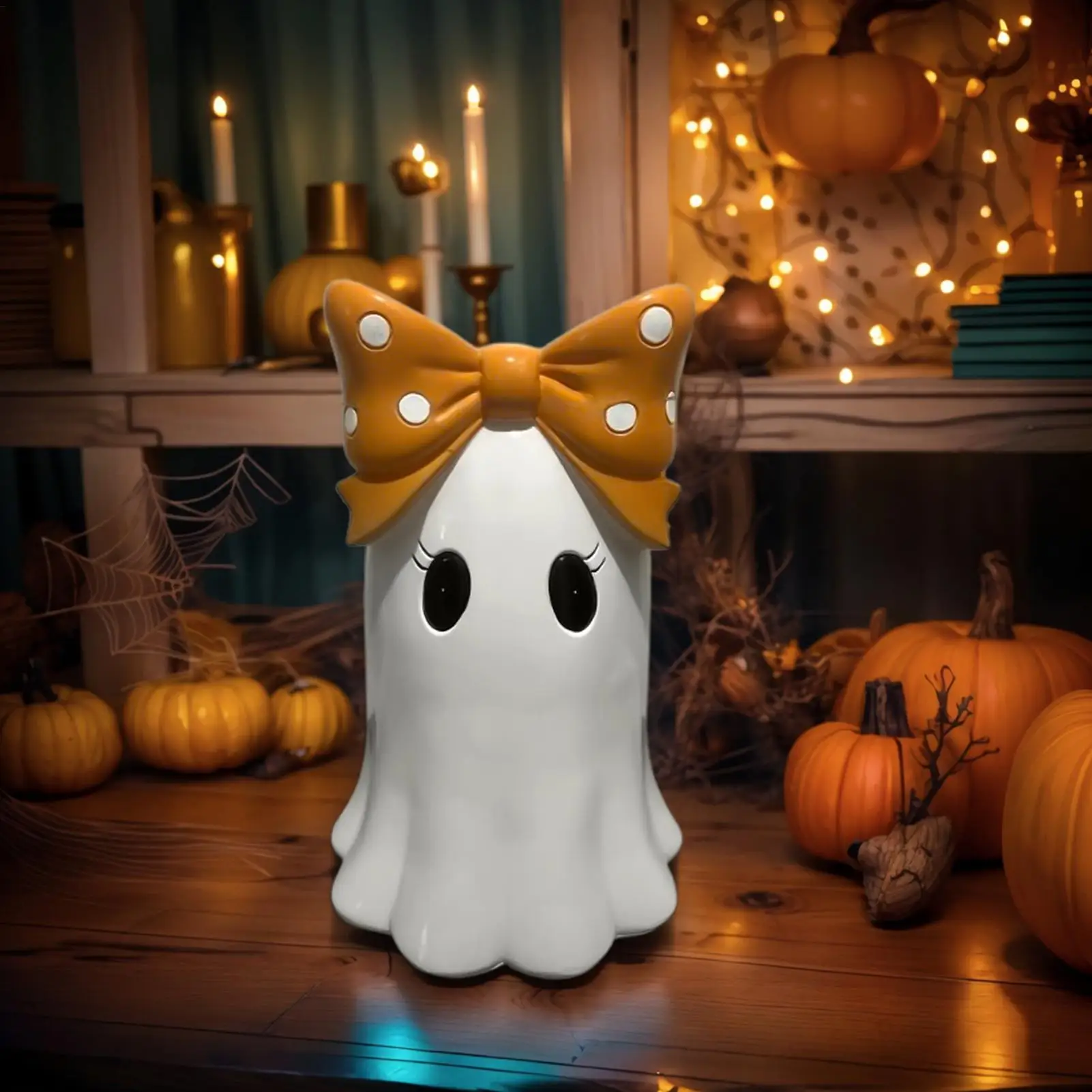 Halloween Ghost Figurine Decor Bowknot Resin Statue Cute Desk Table Centerpiece Ornament Spooky Haunted Home Decorations