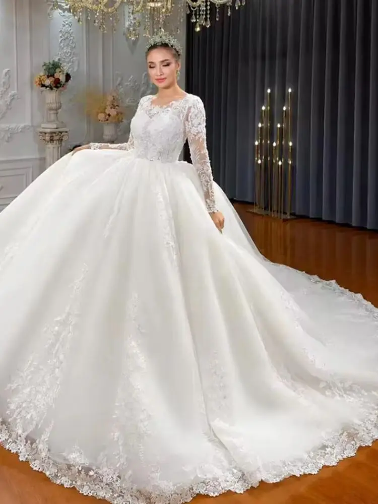 Charming Lace Appliques Wedding Dresses For Bride Customized Long Sleeves Ball Gown Vestido De Novia Bridal Formal Wear Clothing