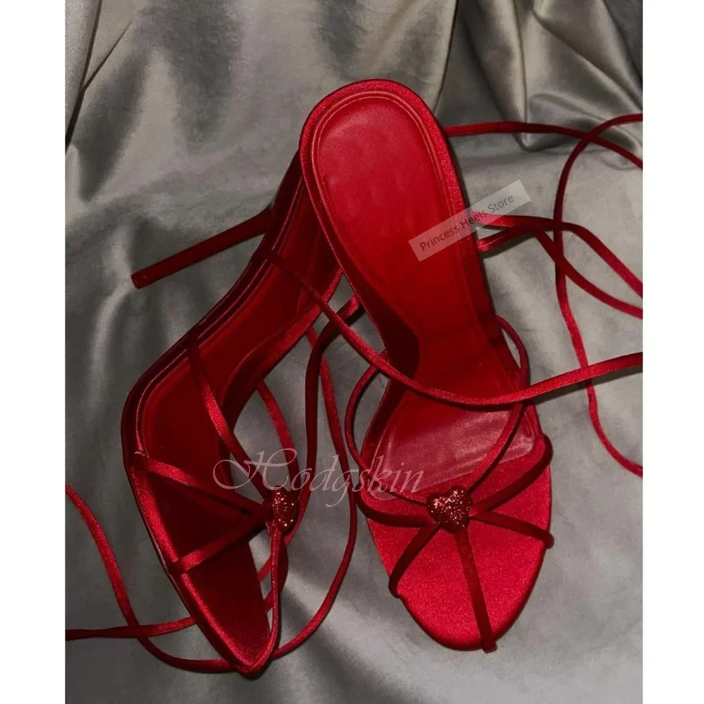 

Red Heart Straps Sandals Hollow Round Toe Lace Up Solid Stiletto Heels Sandals Women Sexy Shoes Summer Party Casual Designer