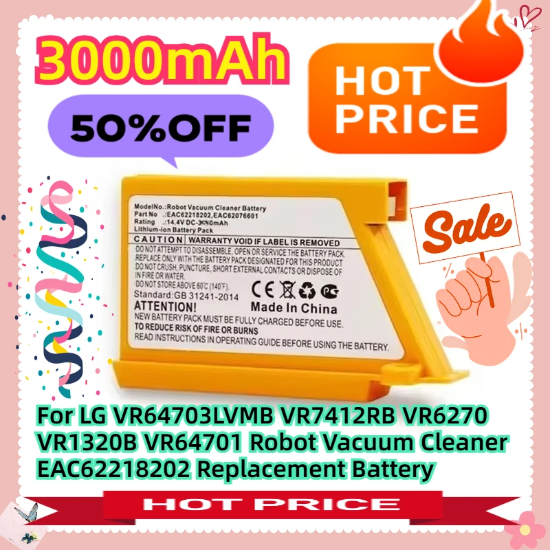 14.4V 3000mAh For LG VR64703LVMB VR7412RB VR6270 VR1320B VR64701 Robot Vacuum Cleaner EAC62218202 Replacement Battery