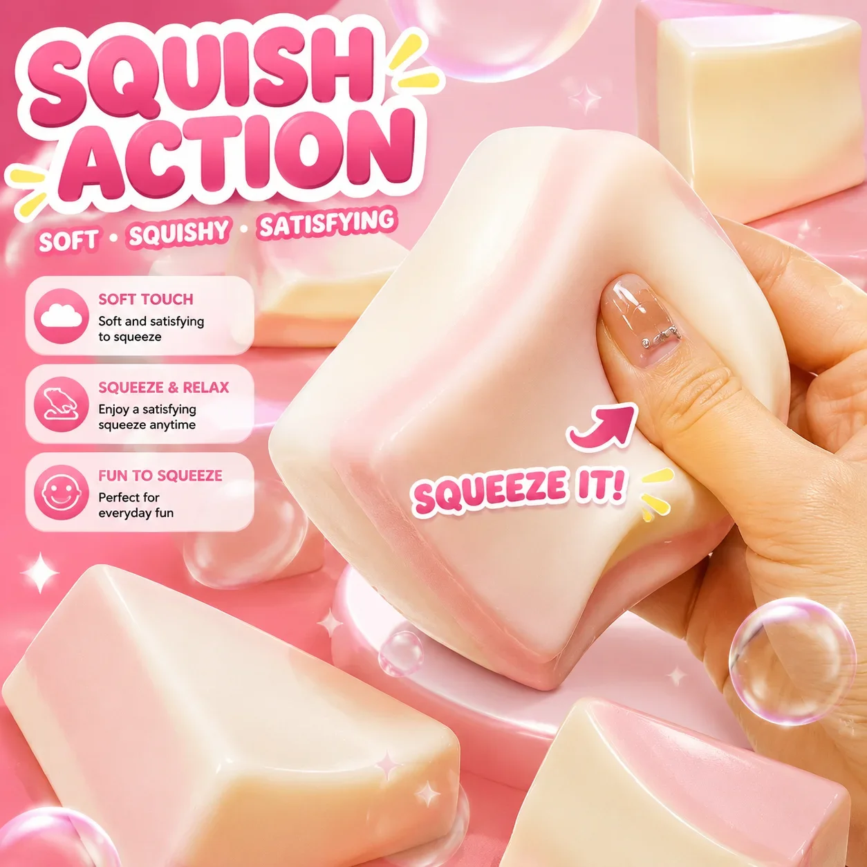 Here is an optimized title for your squishy rice cake product: Pink Slow Rising Squishy Rice Cake Double Sided Sticky Bread