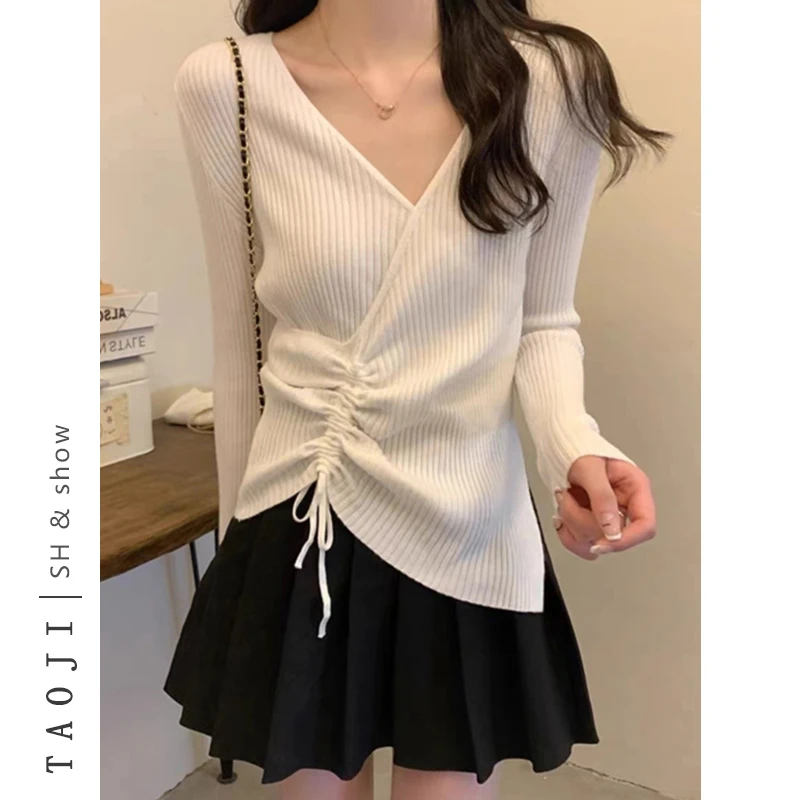 Fashionable Slim Fit Long Sleeve V-Neck Women's Base Shirt Inner Wear Drawstring Pleated Knitted Top Korean Style Commute Wind