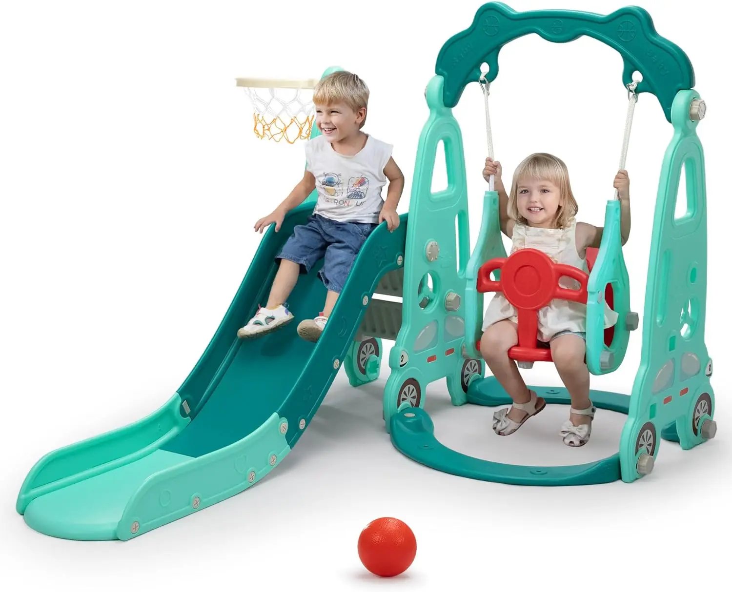 Set altalena per scalatore di diapositive 4 in 1, set da gioco per scalatore di diapositive per bambini indipendente con canestro da basket, parco giochi per bambini all'aperto per interni