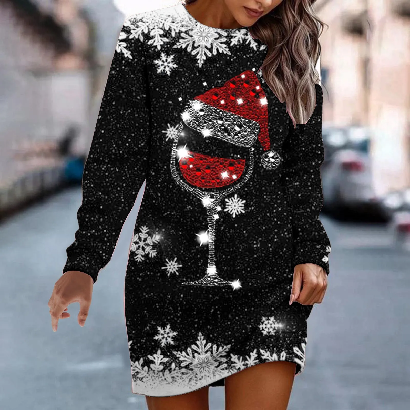 Robe de soirée de Noël pour femme, manches longues, col rond, imprimé 3D drôle de vin, Noël 152, automne, hiver, décontracté, nouveau, 2024