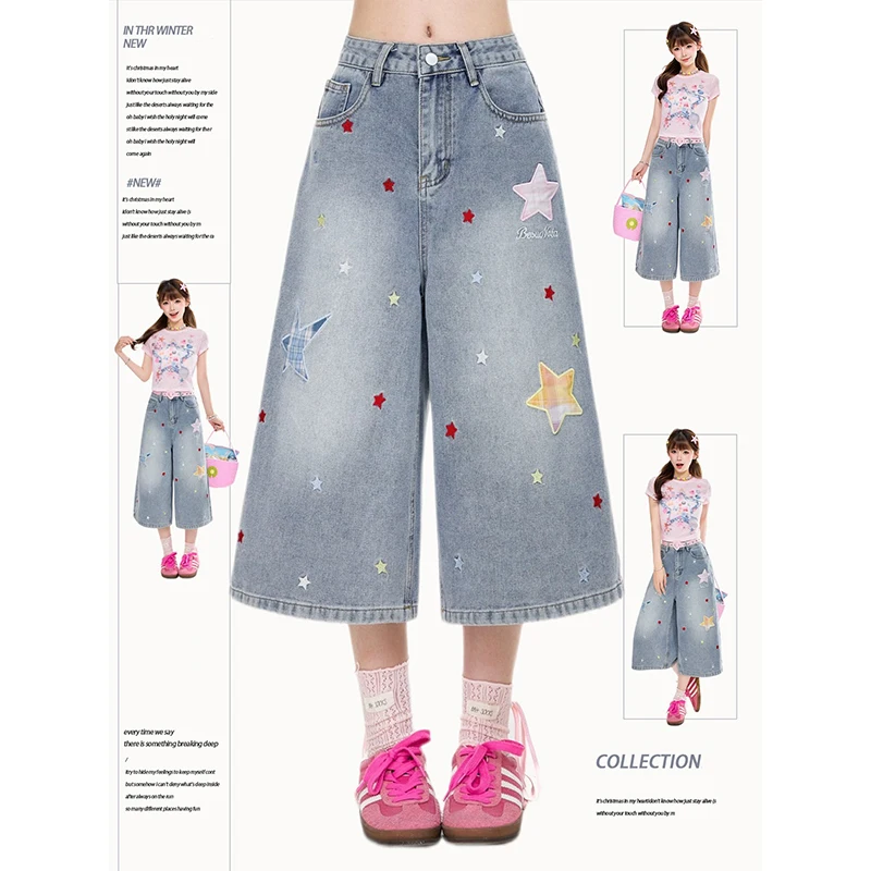 

YIBASHU 2026 Summer Women Harajuku Blue Jean Shorts 2000s Japanese Embroidery Denim Pants Y2K Streetwear High Street Korean New