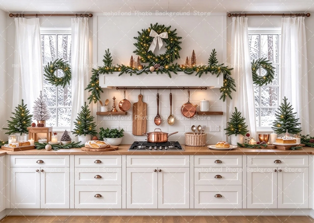 Mehofond Warm White Kitchen Christmas Theme Photography Kitchenware Gift Box Baby Birthday Family Portrait Background Decoration