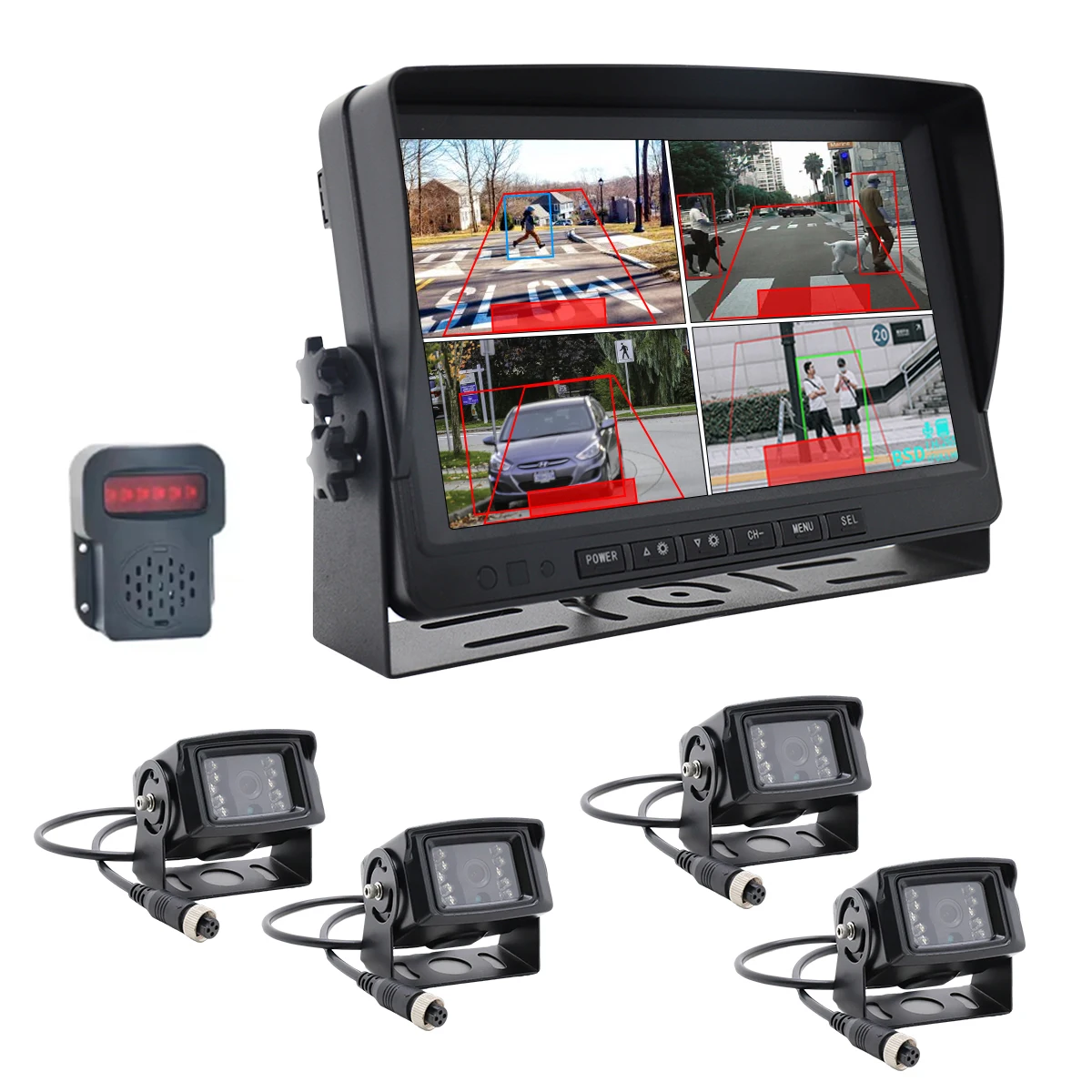 PWAS System Proximity Warning Alert System with Backup Camera 1080P  7 Inch Monitor 4 Quad for Heavy Duty Truck Camera System
