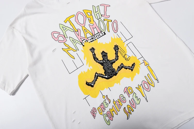 Summer Men Women Cotton SATOSHI Tshirts Electric Shock Humanoid Colored Cartoon Letter Wrench Cross Vintage Hole Short Sleeve