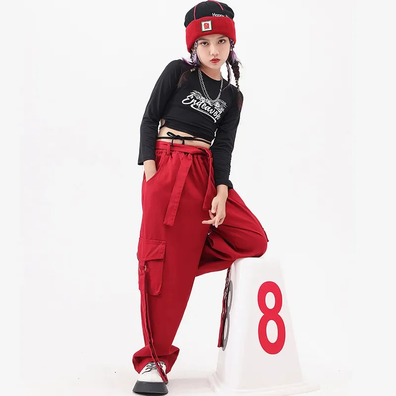 Kids Jazz Dance Costume Fashion Streetwear Letter Print Crop Top Cargo Pant Set Urban Girls High-end Stage Festival Rave Outfits