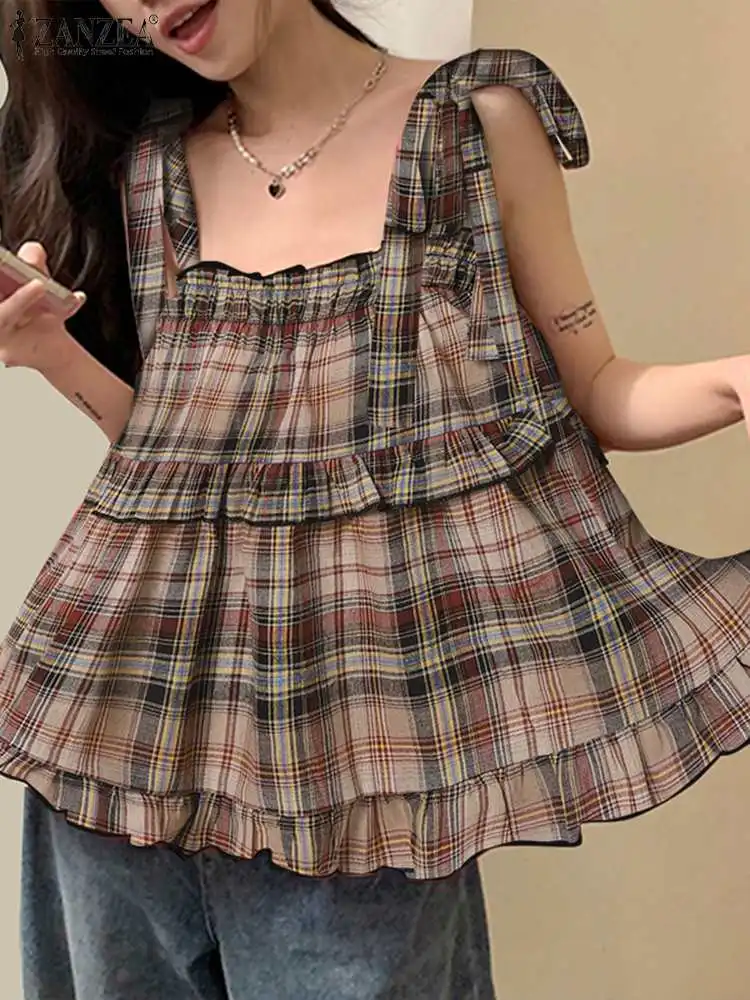 

Holiday Ruffle Pleated Sweety Vests ZANZEA Women Plaid Printed Tanks 2024 Summer Spaghetti Strap Camis Casual Bandage Tank Tops