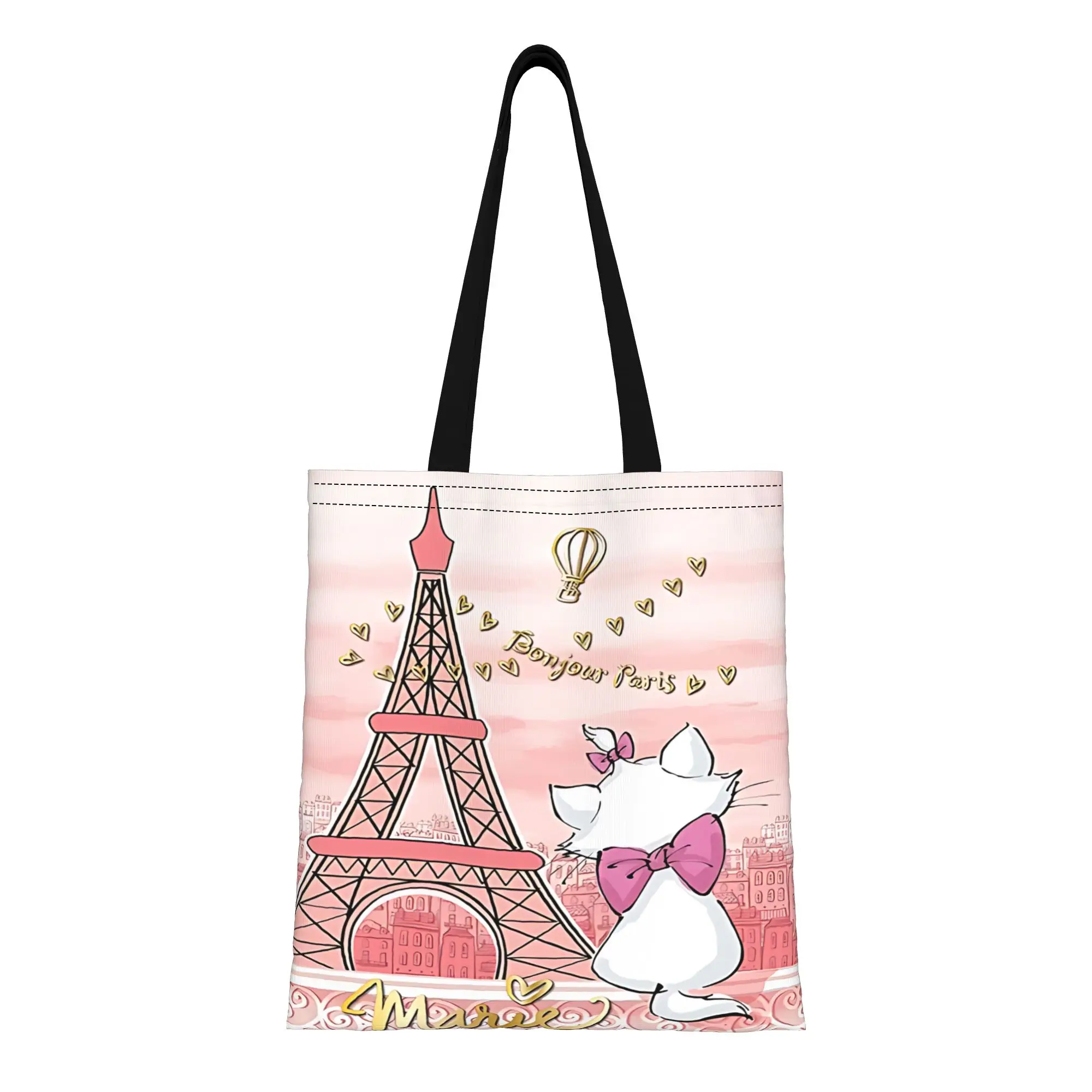 

1PC back to school Large Capacity Disney cute cat The Aristocats and Eiffel Tower Canvas Tote Bag Foldable Chic Pattern Gifts