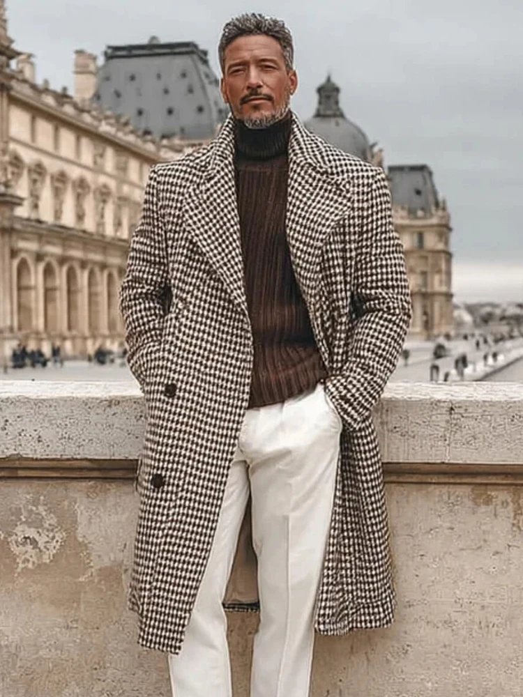 

Men Vintage Houndstooth British Long Jacket Single-breasted Lapel Long Sleeve Fall Winter High Street Outdoor Midi Outwear Coat