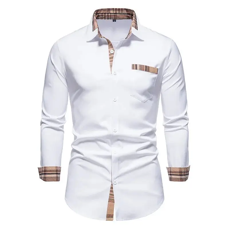 New 2024 Autumn Winter Casual Men's Checkered Shirt Splice M Thickened Fleece Lined Nine Sleeve  Collar Special Wide Fit
