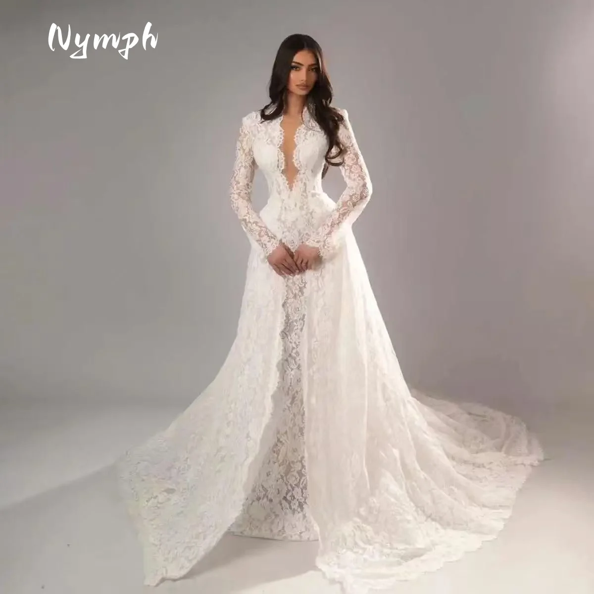 Elegant Mermaid Wedding Dresses Long Sleeve Lace Bride Gowns Detachable Train amanda novias official Bridal Dresses Customized