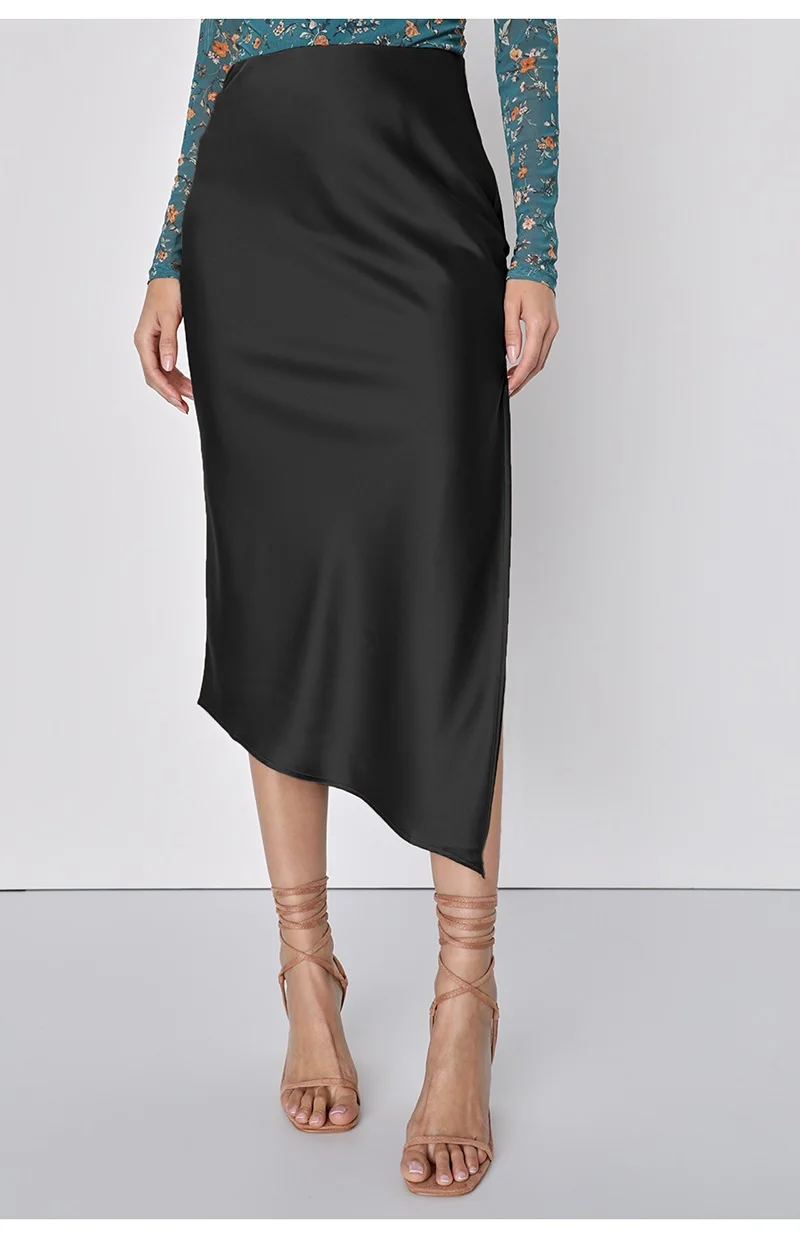 Autumn Elegant High Waist Beige A Line Skirts Midi with Slit Ladies Midi Asymmetrical Black Skirt Satin with Slit for Women