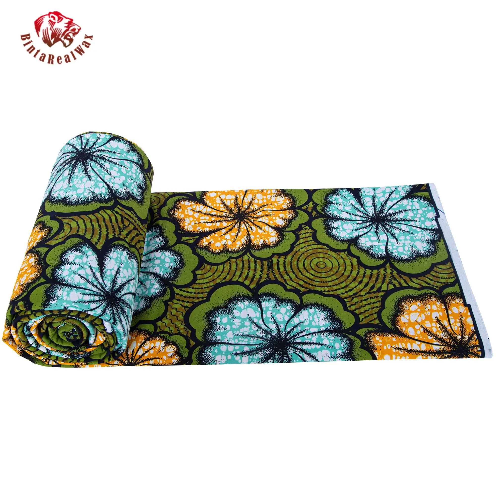 African Wax Print Fabric, Green Background with Blue Yellow Floral Patterns, 100% Cotton Ankara Fabric for Dress Making 24FS1630 view 4