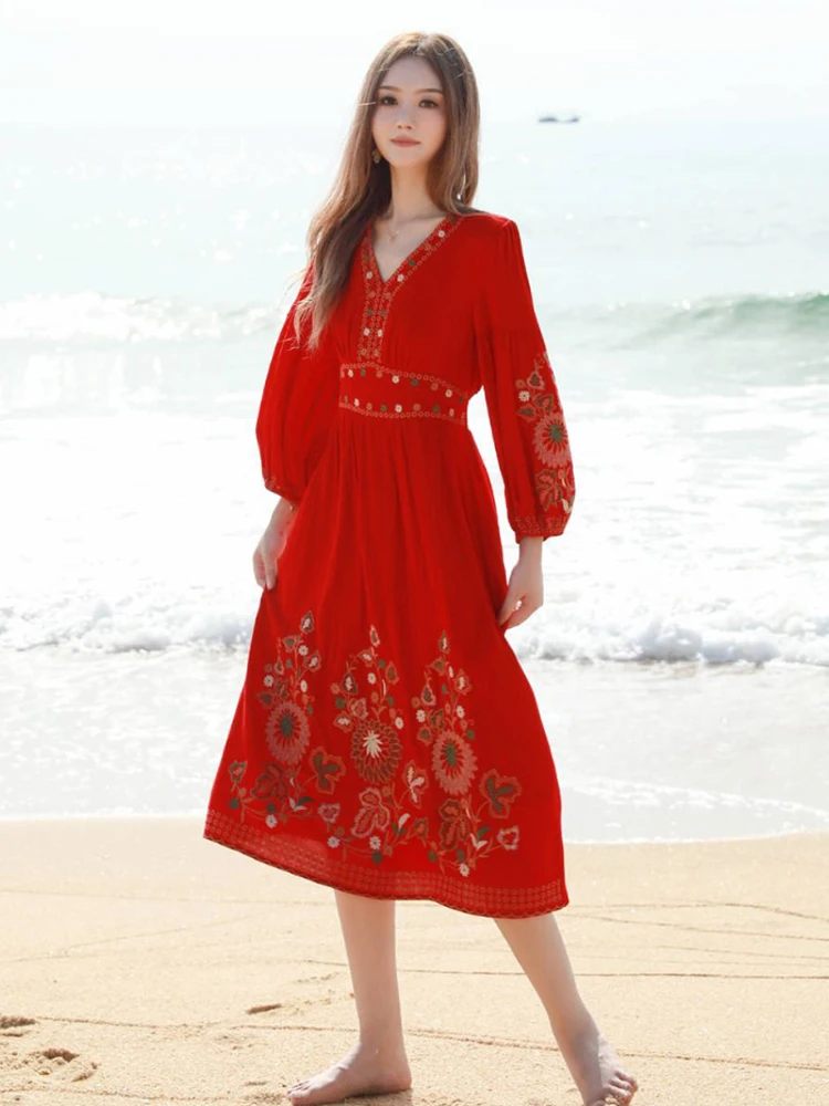 Gypsylady Floral Embroidery Boho Dress Cotton&linen V-neck Long Sleeve Vocation Beach Red Women Dresses Ladies Vestidos Robe New