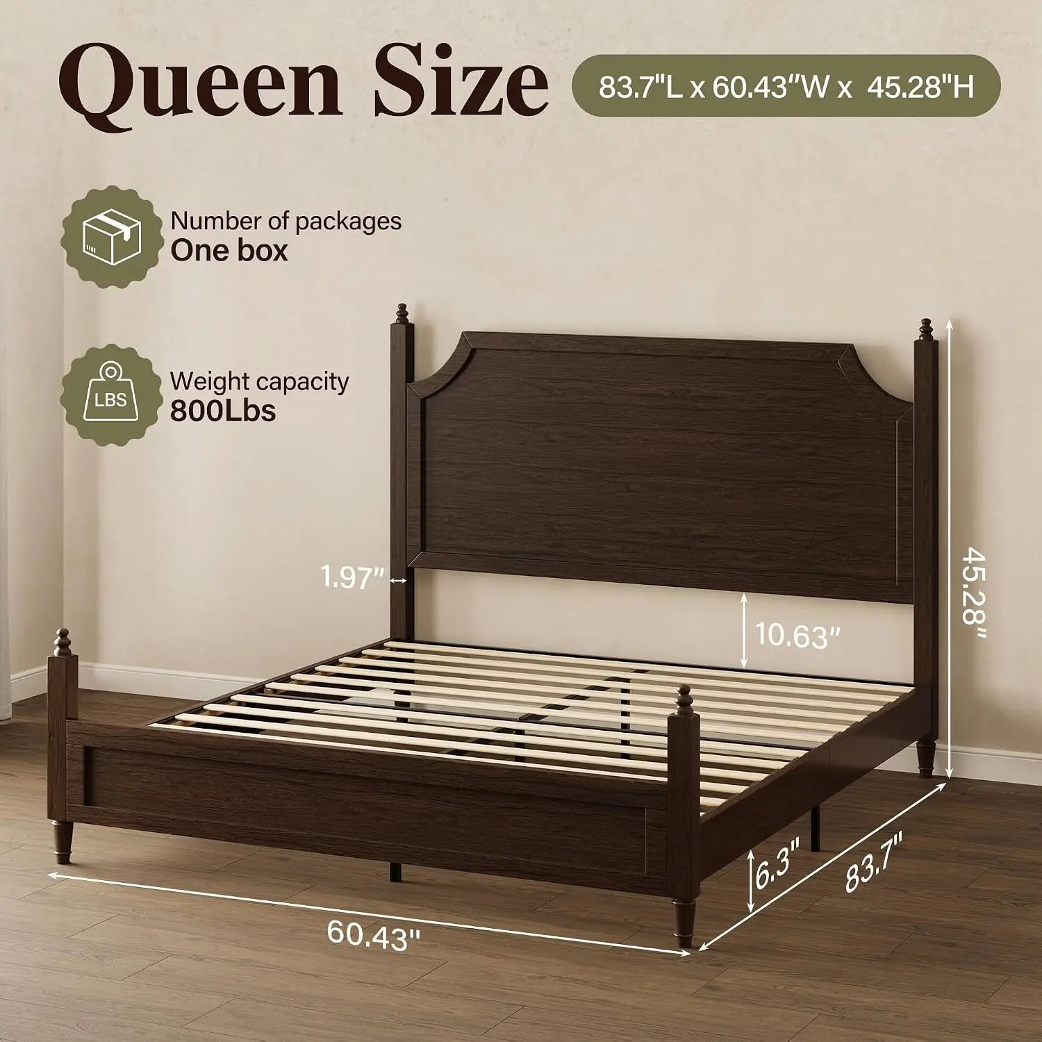 Wood Queen Size Bed Frame with Vintage Curved Headboard, Walnut | Platform Traditional Four Poster Bed with 12, Customized