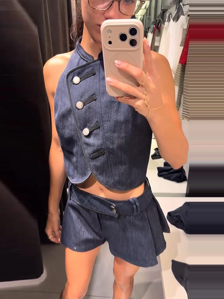 Neue sexy Damen-Partykleidung: Crop-Top mit seitlicher Knopfleiste, ärmellose Neckholder-Weste und Low-Waist-Shorts im Streetwear-Stil – Detail 19