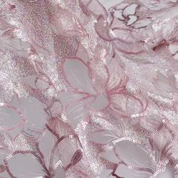 Gorgeous Pink Purple Sequin Floral 3D Embroidery Soft Mesh Lace Fabric for Cheongsam Clothing Wedding Party and Prom Dress