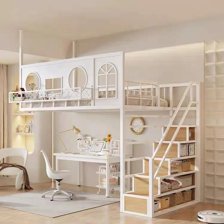 Modern wrought iron elevated bed small apartment loft bed multi-functional ladder cabinet high and low simple suspended bed